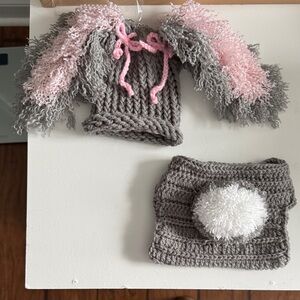 Gray and Pink Knit Bunny Ear Hat and Diaper Cover Set
